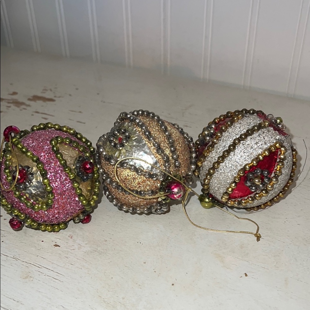 Vintage Victorian Mercury glass Beaded Sequined Christmas Ornaments Set balls